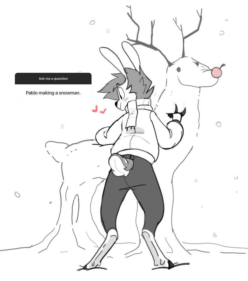 ambiguous_gender anthro blush bottomwear clothed clothing furgonomics heart_symbol hooves jacket pants scarf shoeless snow snowing snowman solo standing topwear unguligrade winter_jacket pcraxkers pablo_(pcraxkers) deer mammal hi_res male_(lore)