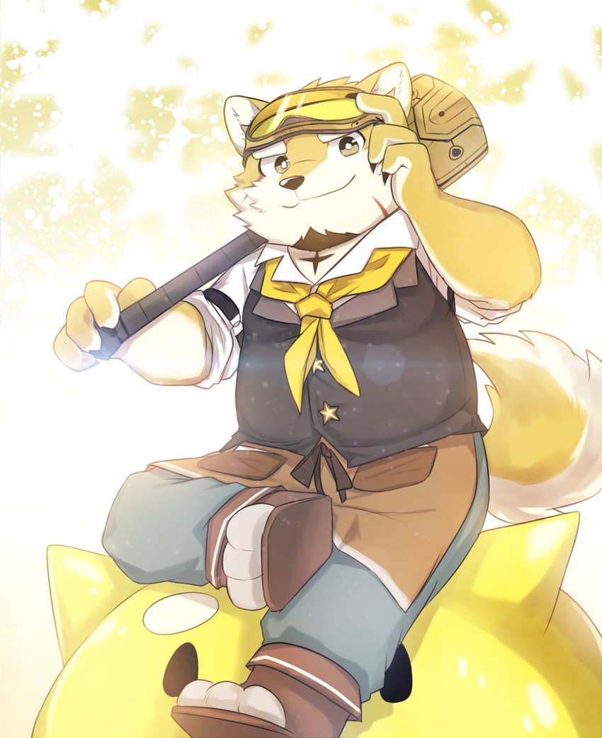 anthro apron clothing eyewear facial_hair fur goatee goggles hammer male scar short_stack solo tools topwear vest yellow_body yellow_fur sirius_hoshi_s lifewonders live_a_hero procy canid canine canis domestic_dog mammal hi_res