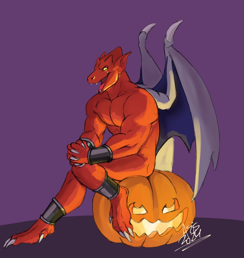 anklet bracelet empty_eyes fangs featureless_chest food fruit humanoid_pointy_ears jack-o'-lantern jewelry male membrane_(anatomy) membranous_wings nude plant pointy_ears pumpkin red_body simple_background sitting_on_pumpkin smile solo teeth wings dragonasis capcom demon's_crest gargoyle's_quest ghosts_'n_goblins firebrand demon gargoyle red_arremer digital_media_(artwork)