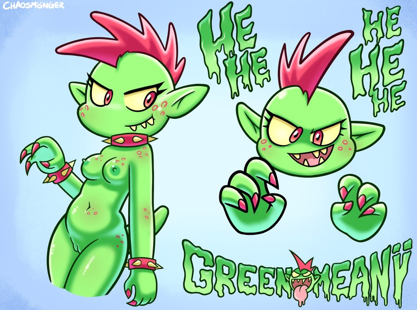 bad_teeth breasts claws collar collar_only colored_nails female freckles genitals green_body green_skin hair laugh mohawk nails navel nipples not_furry nude pussy red_hair red_nails spiked_collar spikes disfigure humanoid scalie unknown_species 2023 hi_res signature