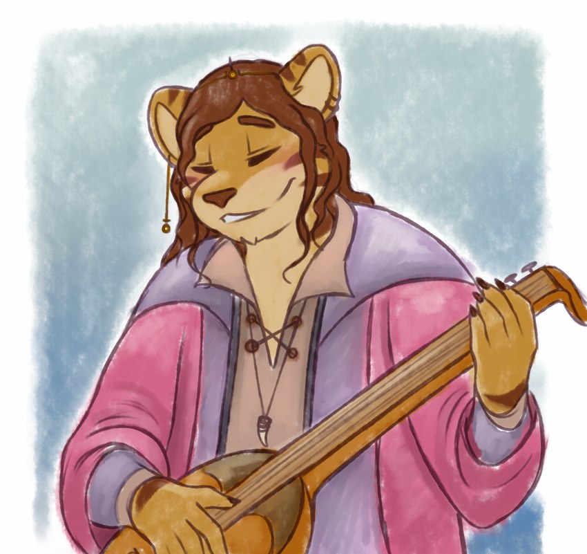 anthro bard brown_hair claws clothed clothing curled_hair fingers fur guitar hair holding_object long_hair lute male medieval medieval_clothing medieval_style musical_instrument open_mouth overweight overweight_anthro overweight_male plucked_string_instrument simple_background slightly_chubby smile solo string_instrument mytigertail rpg_world gabe_(mytigertail) felid mammal pantherine tiger digital_media_(artwork) hi_res