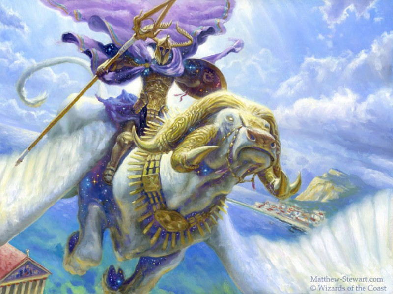 anthro architecture armor cape clothing duo dutch_angle faceless feathered_wings feathers feral flying high-angle_view holding_object holding_weapon hooves horn landscape male melee_weapon outside polearm quadruped riding shield sky spear star straddling weapon wings matt_stewart hasbro magic:_the_gathering archon_(magic:_the_gathering) bovid bovine humanoid mammal official_art