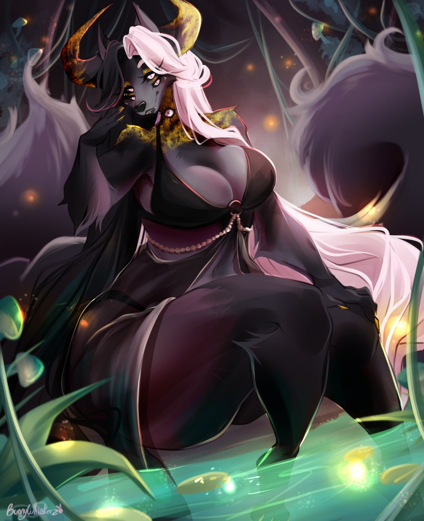 4_eyes anthro big_breasts black_clothing black_topwear breasts cleavage clothed clothing dress female fur hair lipstick makeup multi_eye sitting solo spider_web topwear white_hair bunnywhiskerz canid canine canis mammal wolf 2022 digital_media_(artwork) shaded signature