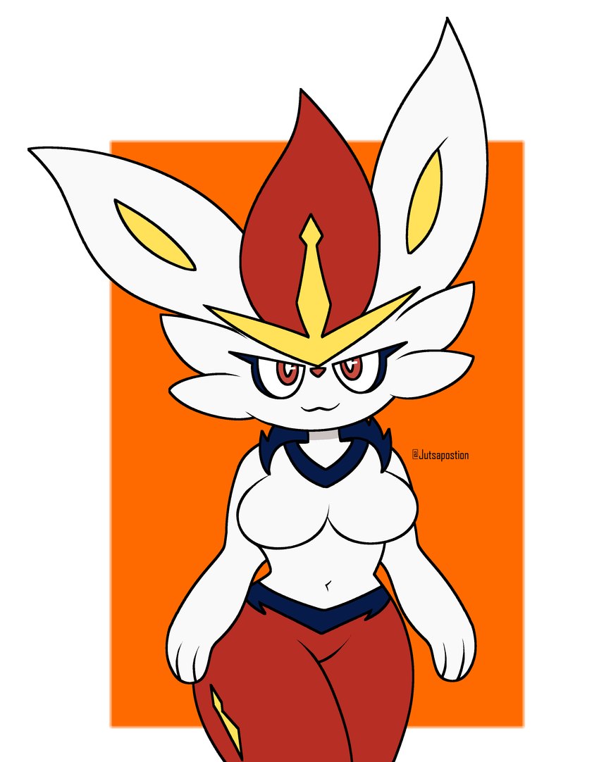 anthro border breasts featureless_breasts female looking_at_viewer navel orange_background red_eyes red_nose simple_background smile smug solo thick_thighs twitter_handle white_body white_border white_ears yellow_inner_ear jutsapostion nintendo pokemon cinderace generation_8_pokemon pokemon_(species) 2023 absurd_res artist_name colored digital_media_(artwork) flat_colors hi_res