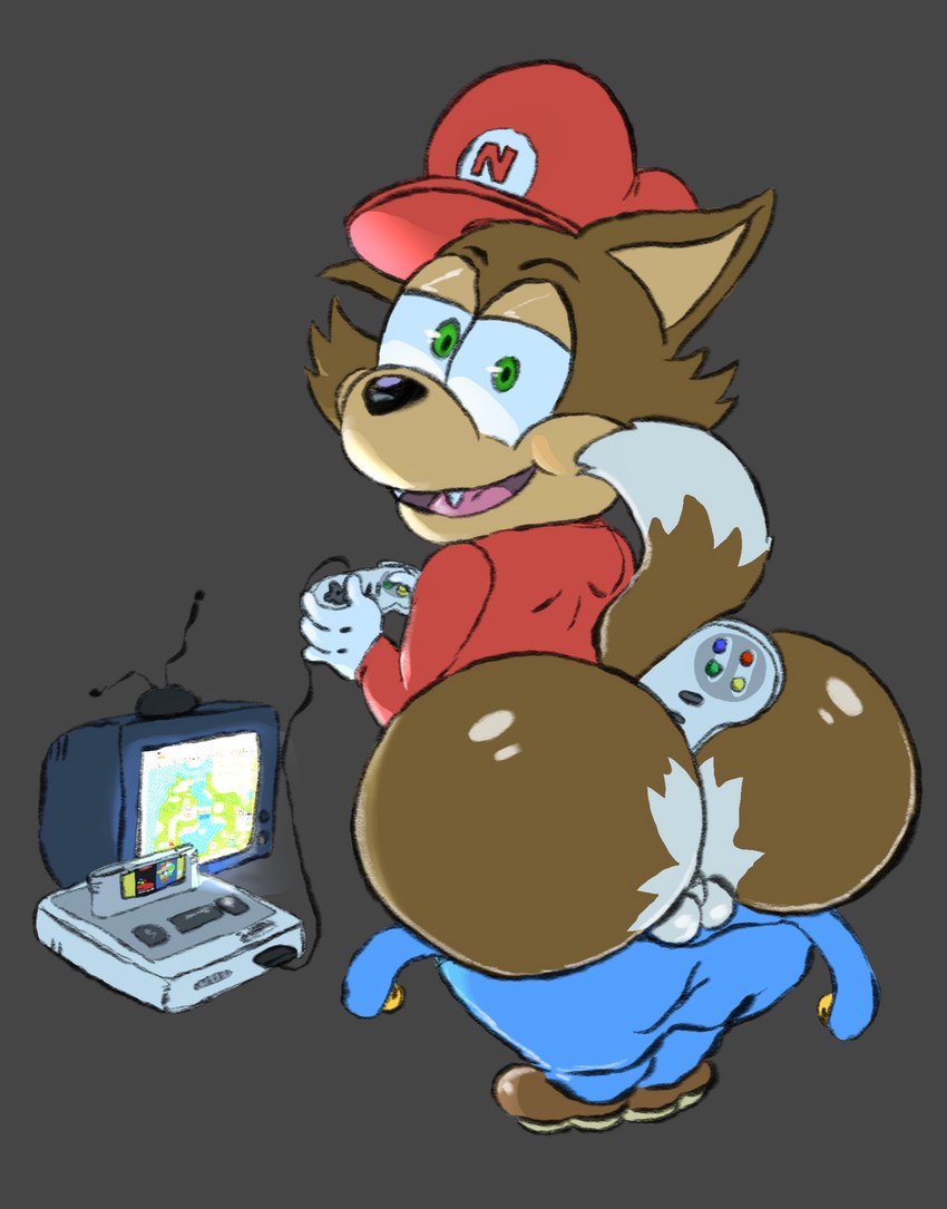 anthro balls big_butt bottomwear bottomwear_down butt clothed clothing genitals huge_butt looking_at_viewer male mooning pants pants_down partially_clothed short_stack solo thick_thighs simplybobcat famitsu mario_bros nintendo super_mario_world super_nintendo necky_(famitsu) canid canine fox mammal hi_res