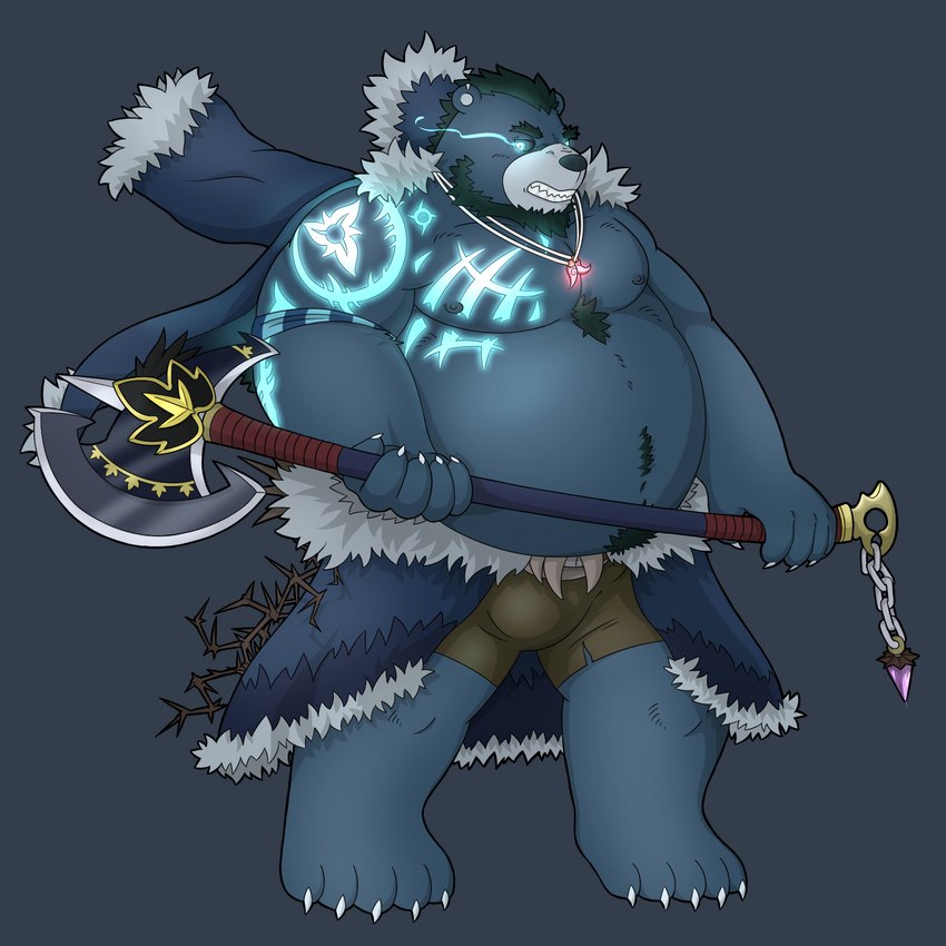 anthro belly big_belly blue_body humanoid_hands kemono magic male moobs nipples overweight overweight_male simple_background solo weapon mtflying30371 bear mammal 1:1 2018 hi_res