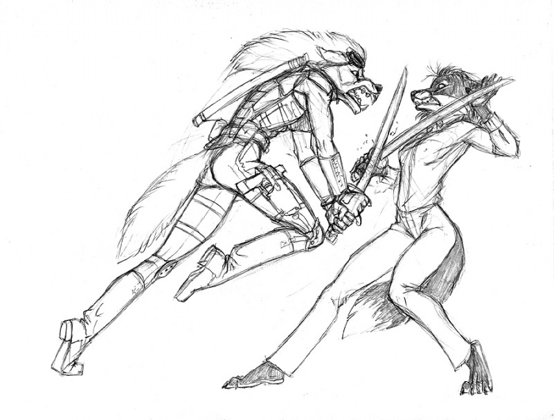 angry anthro armor asian_sword black_nose claws duo eyewear fangs female fight fur goggles gun handgun katana melee_weapon nipple_outline pistol ranged_weapon scabbard simple_background snarling sword tail teeth weapon white_background scott_ruggels erin_petrova kiruki canid canine canis fox mammal wolf graphite_(artwork) greyscale monochrome sketch traditional_media_(artwork)