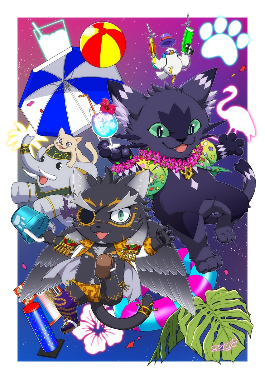 aloha_shirt anthro black_body black_fur body_hair bottomless chest_hair clothed clothing featureless_crotch fur group hair male nipples pattern_clothing pattern_shirt pattern_topwear shirt swimwear topwear umbrella white_hair wings 1461_1641 lifewonders tokyo_afterschool_summoners cait_sith_(tas) tezcatlipoca_(tas) domestic_cat felid feline felis mammal pantherine hi_res