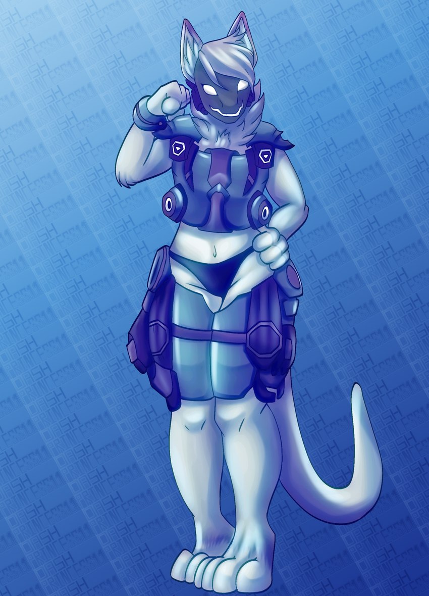 4_fingers 4_toes abstract_background anthro armor feet female fingers gesture hand_gesture hand_on_hip neck_tuft protogen_visor solo toes tuft dashprincess11 syko_(mamagen) mamagen hi_res