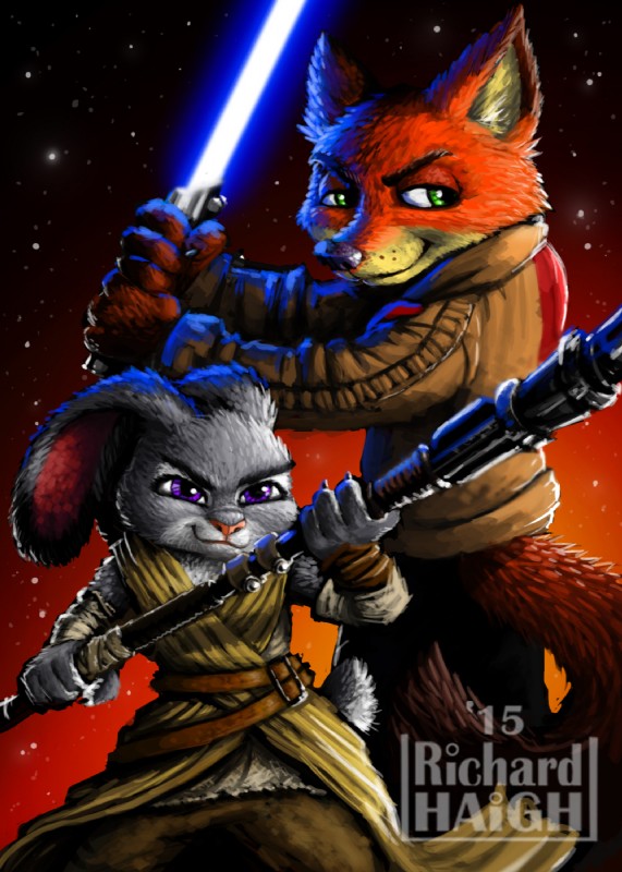 4_fingers anthro blue_lightsaber clothing cosplay duo female fingers fur green_eyes grin holding_object holding_weapon inner_ear_fluff lightpike lightsaber lightsaber_polearm male melee_weapon night outside parody purple_eyes robe size_difference smile staff tuft weapon penmark disney star_wars the_force_awakens zootopia finn_(star_wars) judy_hopps nick_wilde rey_(star_wars) canid canine fox lagomorph leporid mammal rabbit red_fox true_fox 2015 crossover hi_res