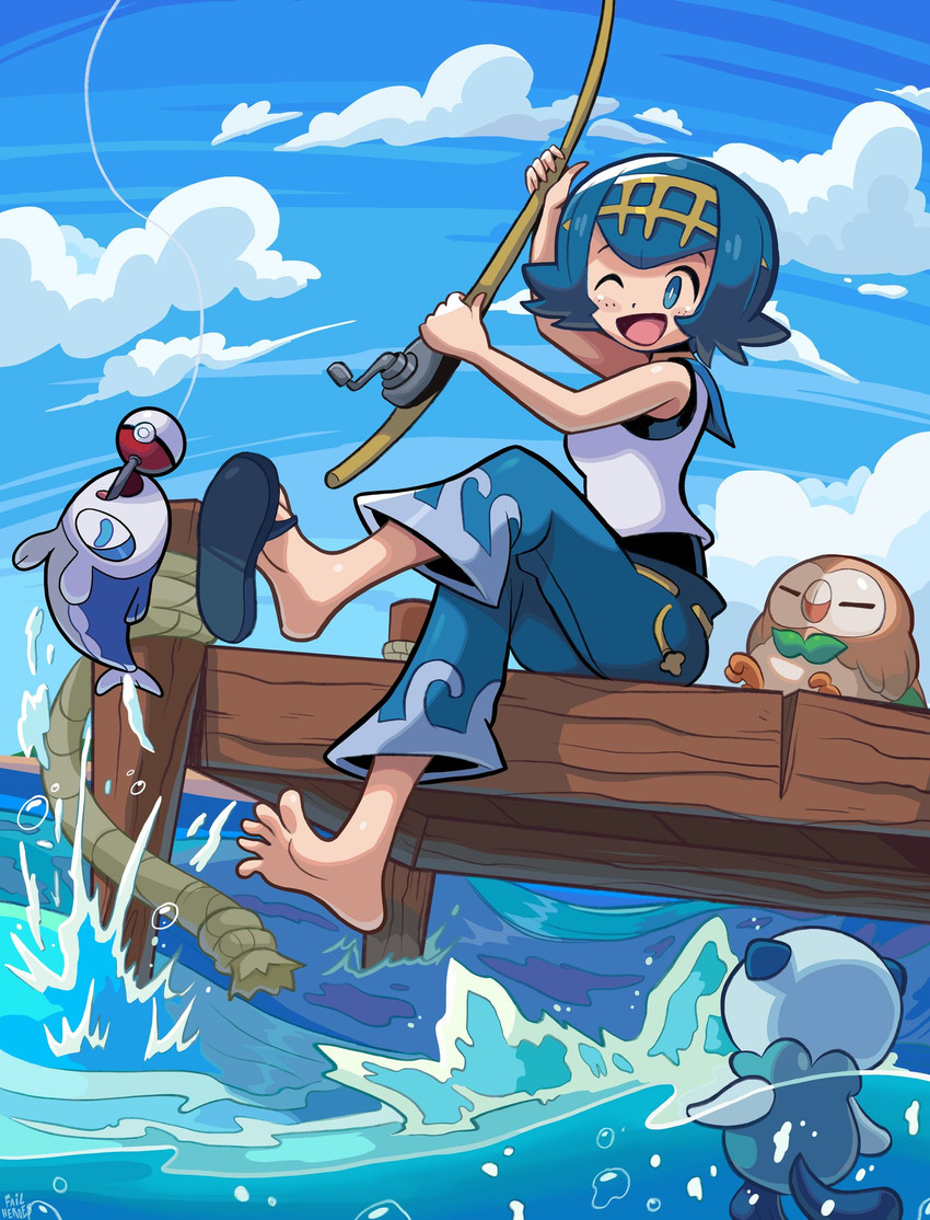 5_toes ambiguous_gender beach blue_clothing blue_eyes blue_hair brush bubble clothing cloud eyebrows eyes_closed feet female fish_hook fishing fishing_rod flip_flops footwear group hair happy hook mountain one_eye_closed one_shoe_on open_mouth outside plantigrade pokeball rope sand sandals sea shoes sitting sky smile soles spread_toes swimming toes tongue water wood wolfang_fh nintendo pokemon lana_(pokemon) generation_5_pokemon generation_7_pokemon human mammal oshawott pokemon_(species) rowlet wishiwashi colored digital_drawing_(artwork) digital_media_(artwork) hi_res shaded