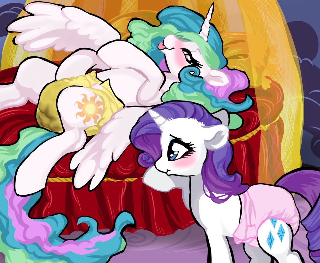 bed blue_eyes blush clean_diaper clothed clothing cutie_mark diaper duo feces female feral furniture horn lying lying_on_bed mane multicolored_mane multicolored_tail on_back on_bed pink_eyes purple_mane purple_tail quadruped soiled_diaper tail tongue tongue_out unclean_diaper used_diaper wearing_diaper white_body wings onc3l3rphobix friendship_is_magic hasbro my_little_pony mythology princess_celestia_(mlp) rarity_(mlp) equid equine mammal mythological_creature mythological_equine unicorn winged_unicorn 2021 digital_media_(artwork)