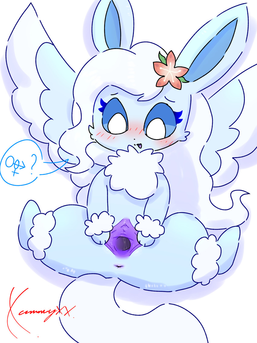 anus arm_tuft black_nose blue_body blue_ears blue_eyes blue_fur blue_inner_ear blush bodily_fluids eyelashes female feral fur gender_symbol gender_symbol_penetration genital_fluids genitals gracidea_flower hair humanoid_genitalia humanoid_genitalia_on_feral humanoid_vulva humanoid_vulva_on_feral leg_tuft lewd_symbolism long_hair long_tail looking_down multicolored_body multicolored_fur neck_tuft open_mouth purple_anus purple_vulva simple_background solo spread_legs spread_vulva spreading symbol tail talking_to_viewer tuft two_tone_body two_tone_fur vaginal_fluids vulva white_background white_body white_fur white_hair white_tail wings conditional_dnp xammyxx mythology nintendo pokemon princess_sammie dragon eevee generation_1_pokemon hybrid kirin mythological_creature mythological_scalie pokemon_(species) scalie 2026 3:4 digital_media_(artwork) hi_res ibispaint_(artwork) shaded signature watermark