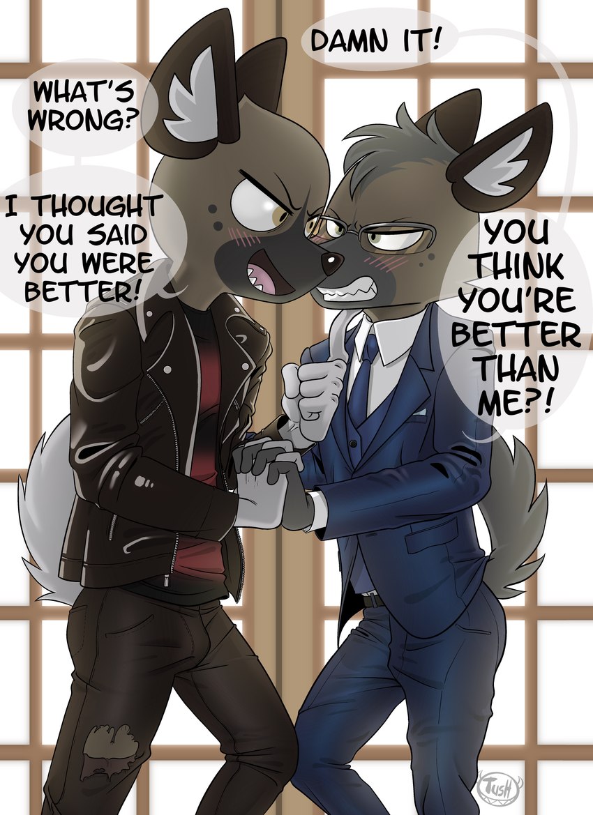 5_fingers anthro biped blush blush_lines bulge clenched_teeth clothed clothed_anthro clothed_male clothing duo eyebrows eyewear fingers glasses inner_ear_fluff male necktie open_mouth open_smile smile tail teeth text tuft tush_(artist) aggretsuko sanrio haida_(aggretsuko) jiro_haida_(aggretsuko) hyena mammal spotted_hyena absurd_res english_text hi_res brother_(lore) brothers_(lore) sibling_(lore)