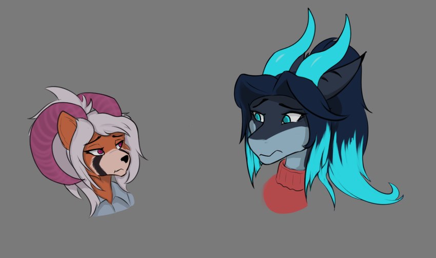 anthro blue_body blue_eyes blue_hair blue_horn duo female glowing glowing_hair glowing_horn grey_hair hair horn orange_body purple_eyes purple_horn lunarium aqee_(lunarium) hibi_(kamikas) ailurid fish mammal marine red_panda shark meme sketch