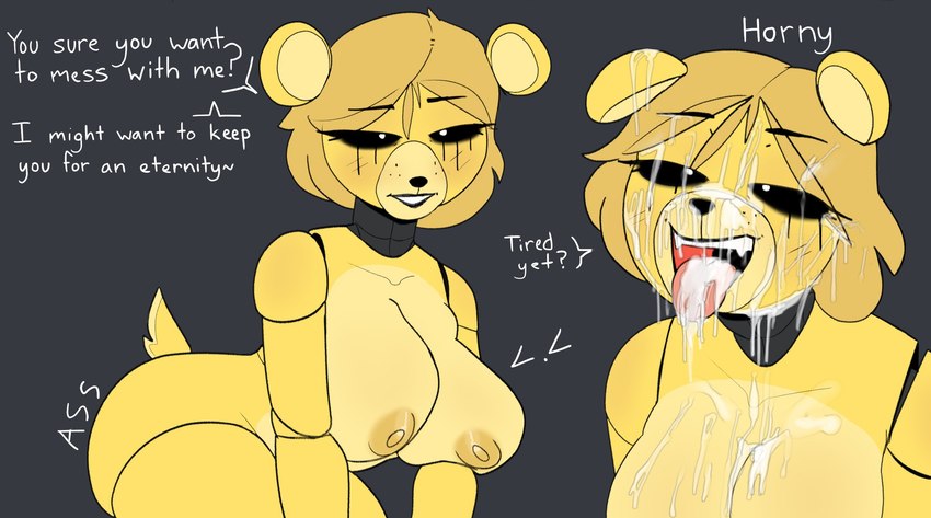 anthro aroused asking asking_viewer bear_tail big_breasts black_nose black_sclera blonde_hair blush blush_lines bodily_fluids breasts cum cum_in_mouth cum_inside cum_on_breasts cum_on_ear cum_on_eye cum_on_face cum_on_neck cum_on_snout cum_on_tongue dialogue eyebrows eyelashes fangs female freckles genital_fluids hair leaning leaning_forward looking_up machine nipples nude open_mouth outline partial_speech_bubble pupils question question_mark questioning_tone smile solo talking_to_viewer teeth text thick_thighs tongue tongue_out void_eyes white_pupils white_text yellow_body yes-no_question zhenai five_nights_at_freddy's scottgames golden_freddy_(fnaf) animatronic bear mammal robot 2022 digital_media_(artwork) english_text hi_res