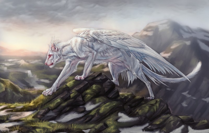 ambiguous_gender day detailed_background feathered_wings feathers feral grass moss outside paws plant sky solo standing white_body white_feathers wings nukerooster albino avian felid hybrid mammal 2018 digital_media_(artwork)