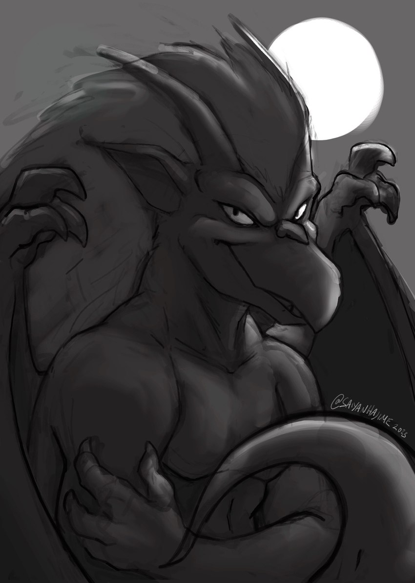 anthro athletic featureless_chest full_moon hair horn humanoid_pointy_ears looking_at_viewer male membrane_(anatomy) membranous_wings moon night pointy_ears smile solo tail wings saiyanhajime disney gargoyles brooklyn_(gargoyles) gargoyle scalie greyscale hi_res monochrome sketch