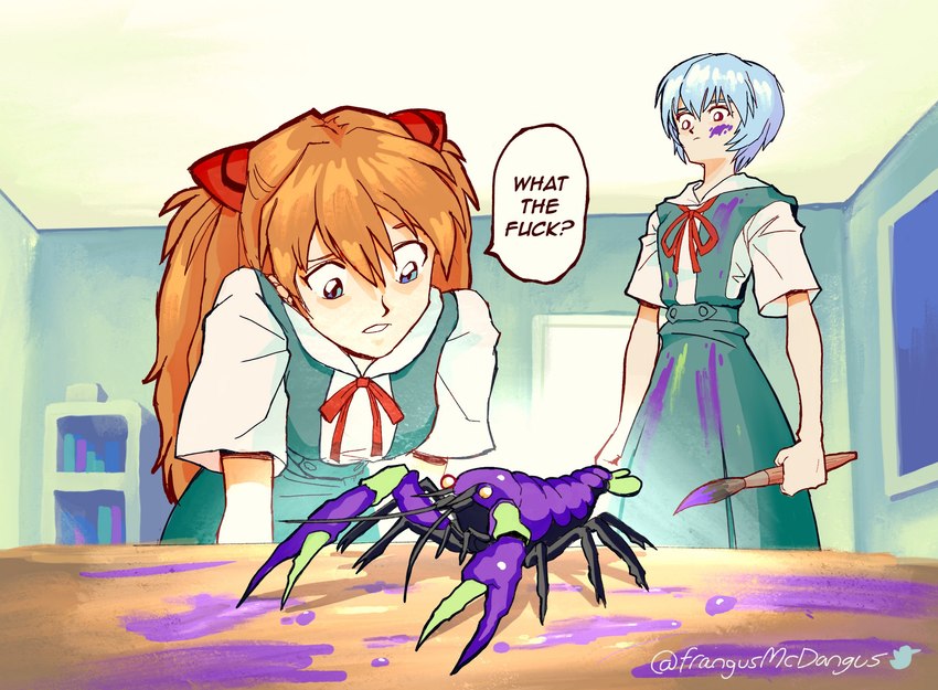 accessory ambiguous_gender blue_hair brush clothed clothing female feral group hair hair_accessory humor not_furry paint paintbrush red_hair speech_bubble text trio frangusmcdangus neon_genesis_evangelion asuka_langley_soryu eva_unit_01 rei_ayanami arthropod crayfish crustacean decapoda human malacostracan mammal marine english_text hi_res