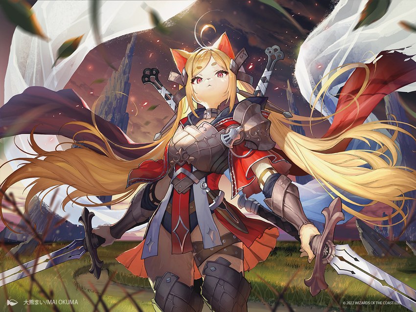 :< ahoge anthro armor blonde_hair breastplate clothed clothing collar dress dual_wielding embers female field flowing_hair fur hair holding_melee_weapon holding_object holding_sword holding_weapon kemono leaf legwear leotard long_hair melee_weapon outside red_eyes rock sheathed_sword sheathed_weapon shoulder_guards solo stockings sword tan_body tan_fur text weapon mai_okuma hasbro magic:_the_gathering wizards_of_the_coast balan_wandering_knight domestic_cat felid feline felis mammal 2022 4:3 artist_name official_art