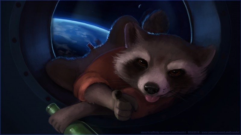 alcohol anatomically_correct anatomically_correct_genitalia anatomically_correct_penis animal_genitalia animal_penis anthro beverage bottomless clothed clothing fur genitals male pawpads penis penis_tip raccoon_penis sheath solo whiskers letodoesart guardians_of_the_galaxy marvel rocket_raccoon mammal procyonid raccoon