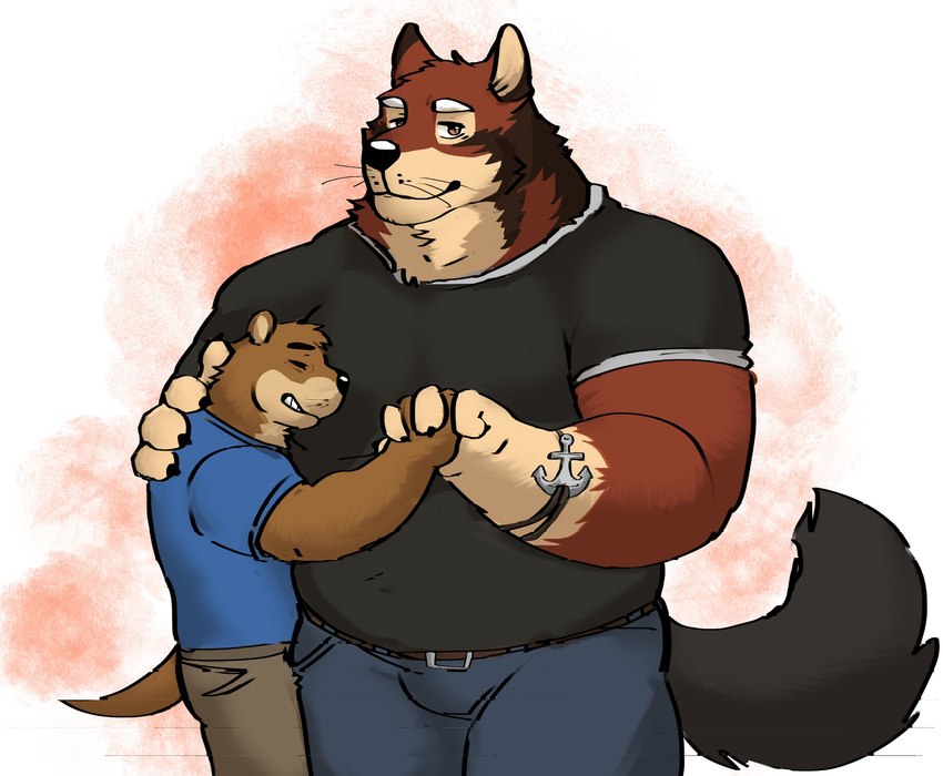 anthro duo hand_holding hug looking_at_viewer male male/male muscular muscular_anthro muscular_male size_difference fuddyblog echo_(game) echo_(series) echo_project chase_hunter leo_alvarez canid canine canis mammal mustelid otter wolf hi_res