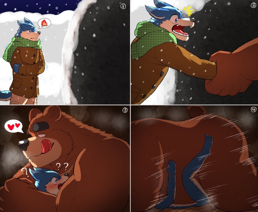 5_fingers anthro arm_grab black_eyebrows blue_body blue_ears blue_fur blue_tail blush brown_body brown_ears brown_fur brown_tail clothed clothing duo eyebrows fingers fully_clothed fur green_scarf hug male nude overweight overweight_anthro overweight_male scarf side_view snow snowing tail thick_eyebrows thrusting tongue tongue_out nullraihigi bear canid canine mammal comic pictographics