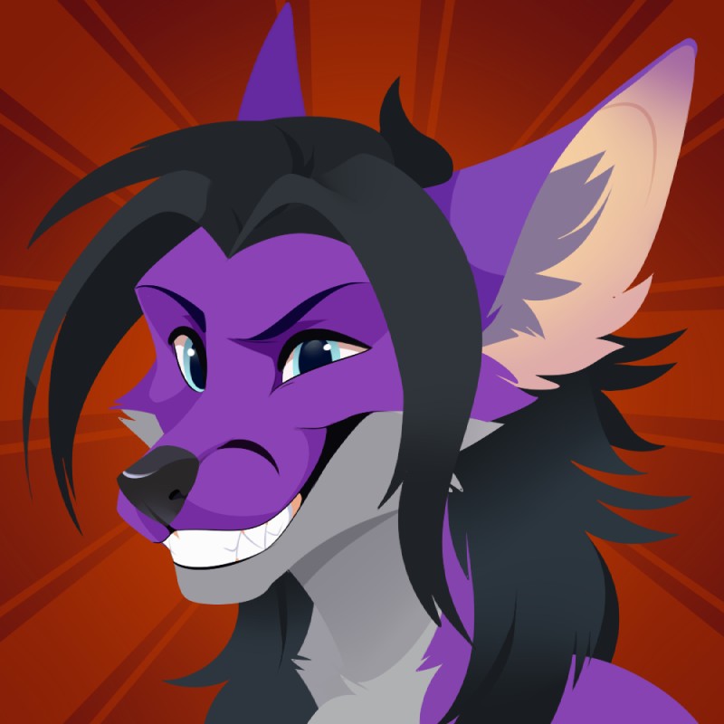 anthro black_hair black_nose blue_eyes cheek_tuft eyebrows facial_tuft fur hair inner_ear_fluff male multicolored_body multicolored_fur purple_body purple_fur simple_background smile solo teeth tuft feve avantle canid canine fox mammal 1:1 2019 bust_portrait portrait