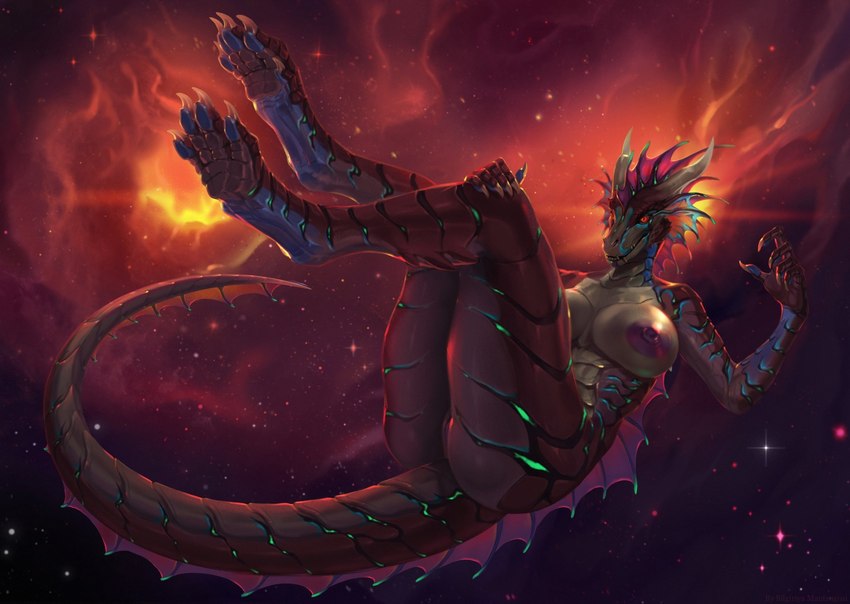 anthro breasts butt detailed_background female floating genitals horn looking_at_viewer nipples nude pose pussy scales solo space star tail silgiriya_mantsugosi mythology siatrax dragon mythological_creature mythological_scalie reptile scalie hi_res pinup