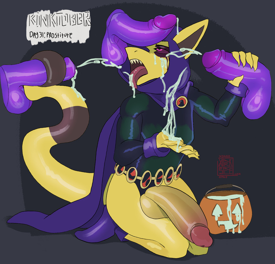 5_fingers anthro balls big_penis bodily_fluids bodysuit bukkake clothing cum cum_drip cum_on_chest cum_on_face cum_on_tongue disembodied_penis dripping fingers foreskin fur genital_fluids genitals group handjob holidays hooded_cape humanoid_genitalia humanoid_hands humanoid_penis kneeling kneeling_on_ground kneeling_sex makeup male markings mascara open_mouth penile penis pink_penis_tip pumpkin_basket purple_eyes purple_penis purple_sclera ring_(marking) ringed_tail running_makeup running_mascara sex sharp_teeth skinsuit striped_markings striped_tail stripes tail tail_around_penis tail_fetish tail_markings tail_play tail_sex tailjob teeth text tight_clothing tongue tongue_out yellow_body yellow_fur yellow_penis xdarkspace dc_comics halloween kinktober kinktober_2025 nintendo pokemon fan_character raven_(dc) abra generation_1_pokemon pokemon_(species) 2025 english_description english_text hi_res