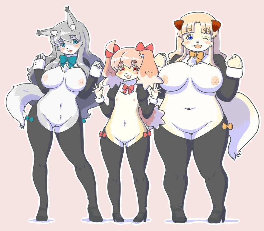 anthro big_breasts blonde_hair blue_eyes bow_ribbon breasts chest_tuft clothing costume female flat_chested footwear fur genitals green_eyes grey_body grey_fur grey_hair group hair high_heels ineffective_clothing kemono nipples one_eye_closed open_mouth open_smile pink_hair pink_nipples pussy red_eyes reverse_bunny_costume ribbons shirt_cuffs shoes simple_background slightly_chubby smile tan_background trio tuft white_body white_fur wink yellow_body yellow_fur kin-shun itou_sora mai_(kin-shun) moco_(kin-shun) canid canine canis domestic_dog mammal 2021 hi_res