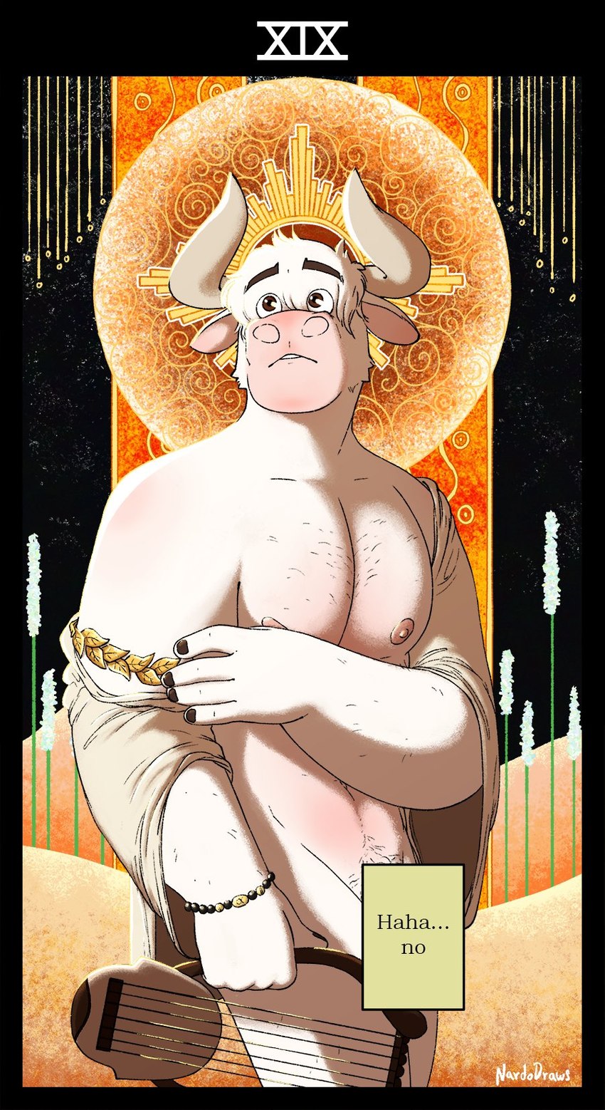 anthro armband art_nouveau card card_template censor_bar clothed clothing fortune_telling horn lyre major_arcana male muscular muscular_male musical_instrument nipples no_underwear pecs plucked_string_instrument shirt solo string_instrument sun tarot tarot_card the_sun_(tarot) topwear tunic wristband nardodraws european_mythology greek_mythology minotaur_hotel mythology asterion_(minotaur_hotel) bovid bovine mammal minotaur censored hi_res