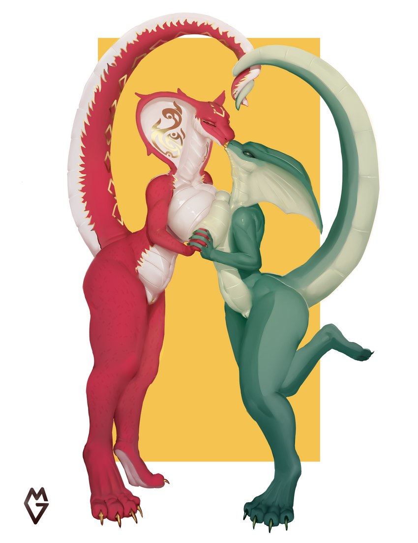 anthro big_breasts biped breast_size_difference breast_squish breasts breasts_frottage butt claws countershade_scales countershading digitigrade duo entwined_tails eyelashes eyes_closed female female/female finger_claws fingers french_kissing fur genitals gold_claws gold_markings gold_tongue green_body green_claws green_scales hand_holding huge_breasts interlocked_fingers kissing markings multicolored_body multicolored_scales non-mammal_breasts nude on_one_leg pussy red_body red_scales scales simple_background snake_hood snake_hood_markings squish standing tail tail_coil thick_thighs toe_claws two_tone_body two_tone_scales white_background white_body white_scales goldmikun zivvles cobra reptile scalie snake 2021 absurd_res digital_media_(artwork) digital_painting_(artwork) hi_res shaded