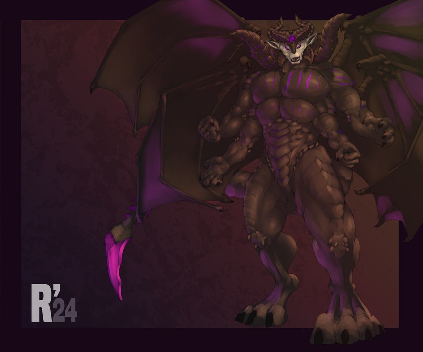 4_arms 4_pecs 4_wings 6_eyes anthro big_muscles black_body blade body_spikes horn huge_muscles looking_at_viewer male multi_arm multi_eye multi_limb multi_pecs multi_wing muscular muscular_male pecs purple_eyes scales sharp_teeth solo tail tail_blade teeth weapon_tail wings redeyedwolf corinoch demon 6:5 absurd_res full-length_portrait hi_res portrait