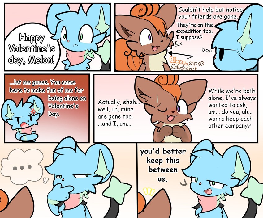 blue_body blue_fur brown_body brown_fur dialogue duo feral fur holidays kerchief male male/male requesting rivalry smutmelon nintendo pokemon valentine's_day generation_1_pokemon generation_4_pokemon pokemon_(species) shinx vulpix comic hi_res