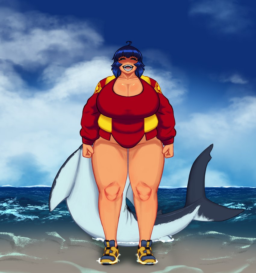 big_breasts black_sclera breasts cleavage clothed clothing cloud day female huge_breasts overweight overweight_female red_clothing sea sharp_teeth sky smile solo standing teeth water wet armorv1 animal_humanoid fish fish_humanoid humanoid marine marine_humanoid shark_humanoid absurd_res full-length_portrait hi_res portrait