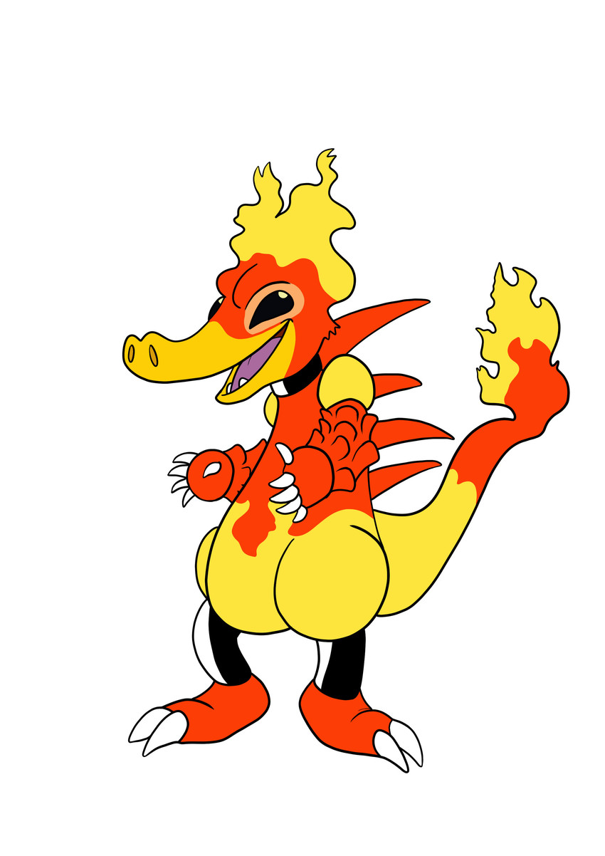 2_toes 5_fingers ambiguous_gender black_eyes claws feet fingers fire flaming_tail multicolored_body open_mouth open_smile orange_body purple_tongue simple_background smile solo standing tail toe_claws toes tongue two_tone_body white_background white_claws yellow_body tombola1993 disney lilo_and_stitch nintendo pokemon melty_(lilo_and_stitch) alien experiment_(lilo_and_stitch) generation_1_pokemon hybrid magmar pokemon_(species) 2018 absurd_res crossover digital_media_(artwork) flat_colors hi_res