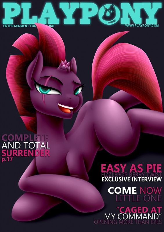 bedroom_eyes broken_horn butt female feral fictional_magazine_cover fur hair half-closed_eyes horn looking_at_viewer magazine narrowed_eyes nude pose purple_body purple_fur raised_tail scar seductive simple_background smile solo tail text tongue pshyzo friendship_is_magic hasbro my_little_pony my_little_pony:_the_movie_(2017) mythology tempest_shadow_(mlp) equid equine mammal mythological_creature mythological_equine unicorn 2017 cover english_text hi_res magazine_cover url