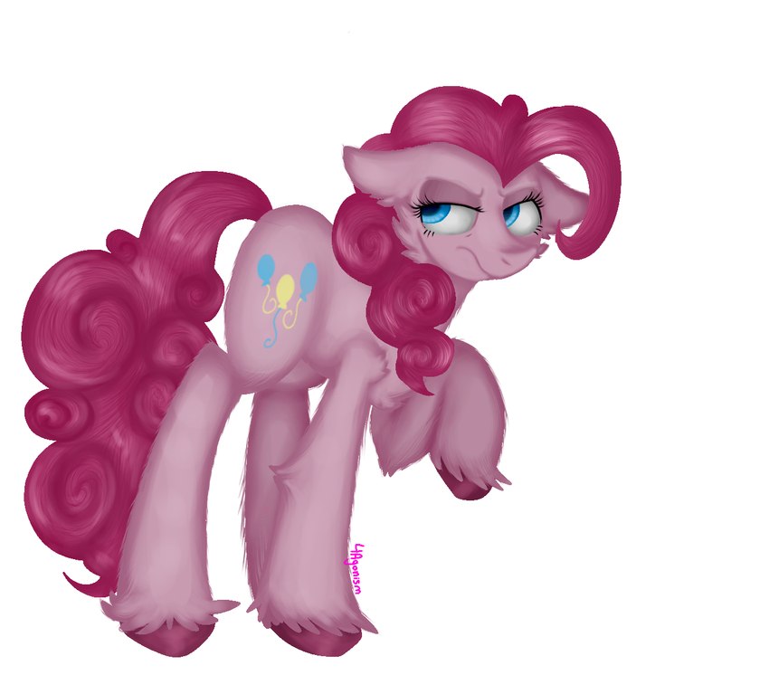 arm_tuft blue_eyes cheek_tuft chest_tuft cutie_mark ears_back elbow_tuft facial_tuft female feral fetlocks fluffy folded_wings frown fur hair hooves leg_fluff looking_back looking_sideways pink_body pink_fur pink_hair pink_hooves pink_tail pivoted_ears quadruped raised_hoof scowl shoulder_fluff simple_background solo tail tuft white_background wings 4agonism friendship_is_magic hasbro my_little_pony mean_pinkie_pie_(mlp) earth_pony equid equine horse mammal pony 2022 digital_drawing_(artwork) digital_media_(artwork) full-length_portrait portrait