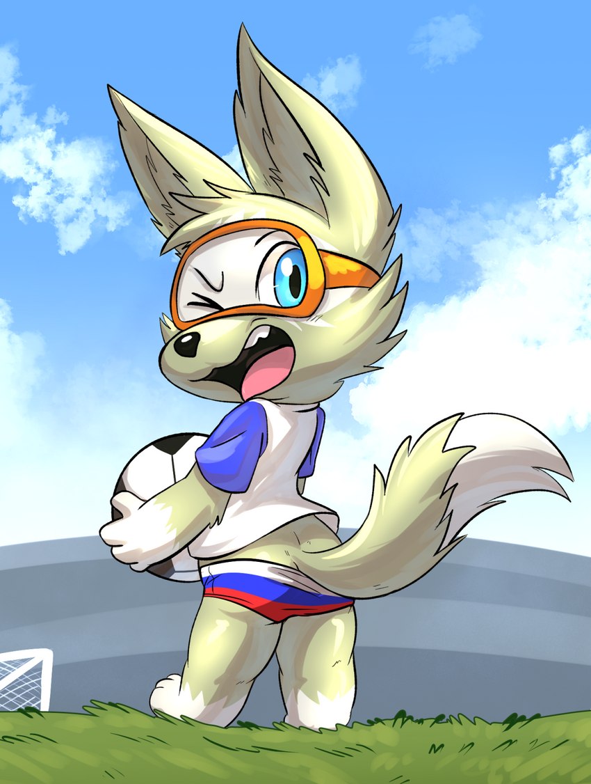 ball blue_eyes butt clothing eyewear male mascot one_eye_closed russian_flag soccer_ball solo underwear wink lkiws fifa zabivaka canid canine canis mammal wolf hi_res