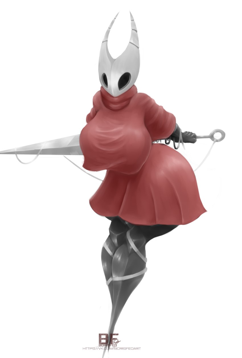 2_horns big_breasts black_eyes black_hands black_legs breasts butt cloak clothed clothing featureless_feet feet female fingers hands_behind_back holding_melee_weapon holding_object holding_sword holding_weapon horn huge_breasts looking_at_viewer melee_weapon nail_(weapon) red_cloak red_clothing silk simple_background solo sword weapon white_background borisfed hollow_knight team_cherry hornet_(hollow_knight) arthropod 2023 digital_media_(artwork) hi_res