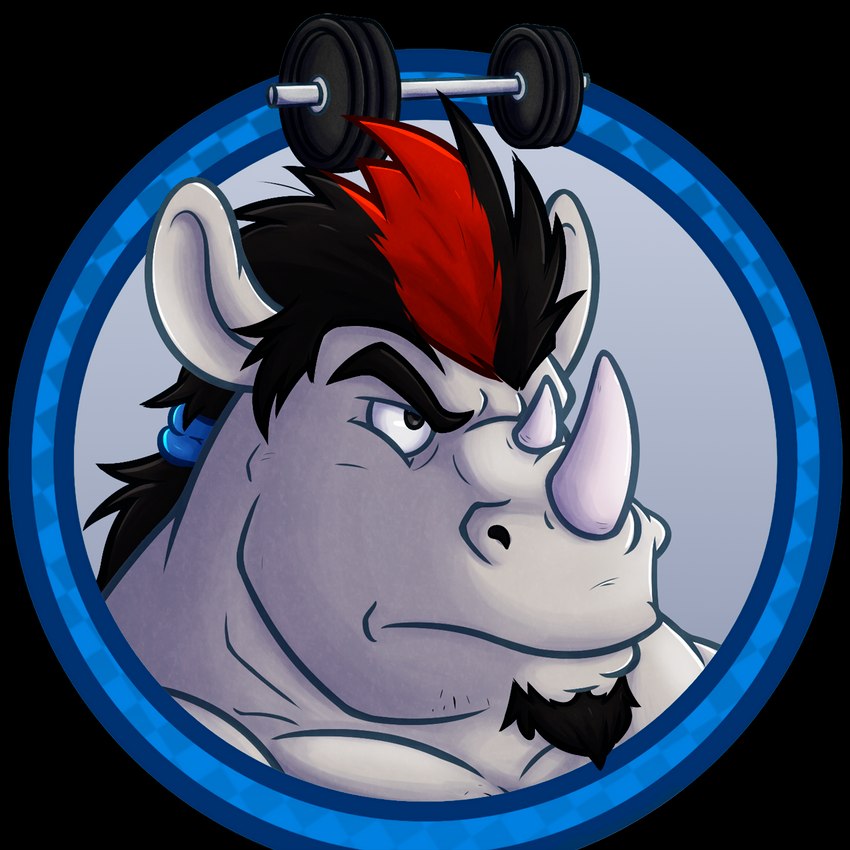 2_horns anthro barbell black_hair facial_hair facial_horn goatee grey_body grey_skin hair highlights_(coloring) horn male nose_horn ponytail red_highlights solo weights almasy chuck_(braford) mammal rhinoceros 1:1 2014 alpha_channel headshot_portrait hi_res icon portrait