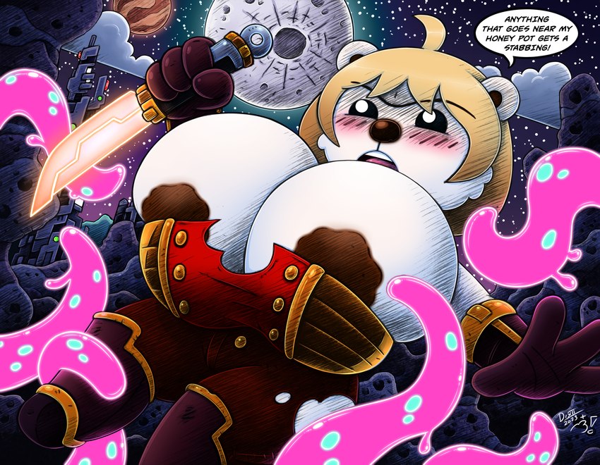 anthro areola big_breasts blonde_hair blush breasts cleavage clothed clothing dialogue female fur gloves hair handwear huge_breasts knife moon night outside short_stack sky solo star tentacles text thick_thighs topwear white_body white_fur wide_hips drake_fenwick drxii bear mammal polar_bear ursine colored digital_media_(artwork) english_text hi_res