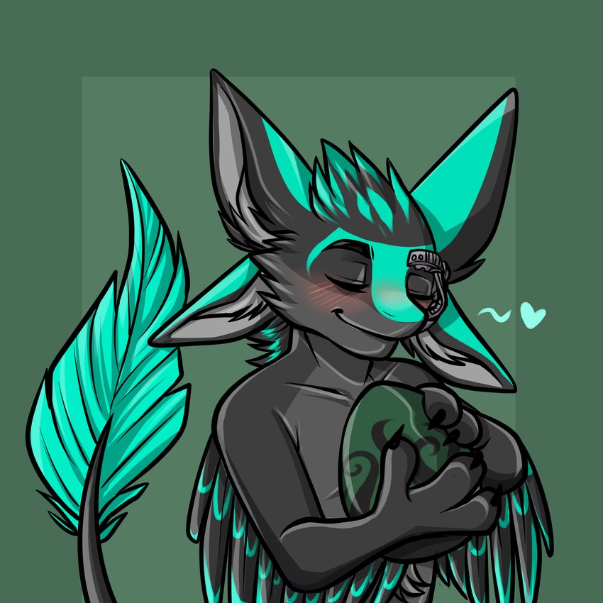 4_ears anthro black_body black_fur blue_body blue_feathers blush egg feathers female fur green_background heart_symbol multi_ear nude simple_background smile tail tail_feathers winged_arms wings sabrinaaparicio avarien avali avian borg hybrid 1:1 absurd_res digital_media_(artwork) hi_res