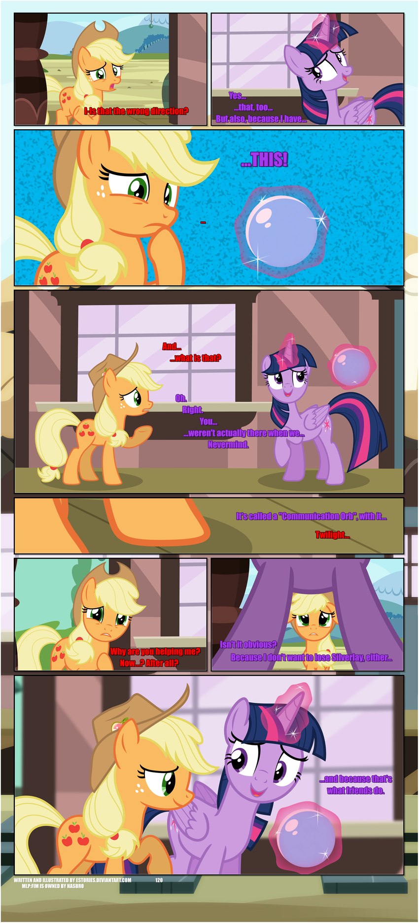 bangs black_border border building clothing cowboy_hat cutie_mark dialogue duo ears_up female feral folded_wings frown glowing glowing_horn glowing_orb hat headgear headwear hooves horn magic open_mouth orb outside ponyville raised_hoof text train_station window wings estories friendship_is_magic hasbro my_little_pony mythology applejack_(mlp) twilight_sparkle_(mlp) earth_pony equid equine horse mammal mythological_creature mythological_equine pony winged_unicorn absurd_res english_text hi_res