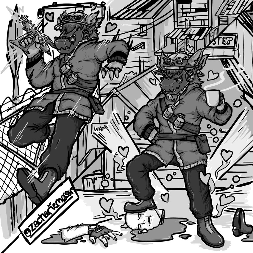 2fort anthro clothing coat explosives eyewear glasses grenade hearts_around_body machine male solo topwear visor weapon unknown_artist team_fortress_2 valve bison_the_protogen protogen hi_res monochrome signature