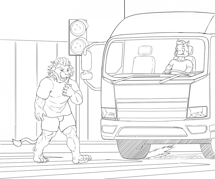 anthro bottomwear bulge car_accident clothing crosswalk death distracted duo fence hat headgear headwear male scared shirt shorts topwear traffic_light truck windshield windshield_wiper dipingxiangtr.d canid canine canis felid lion mammal pantherine wolf hi_res monochrome