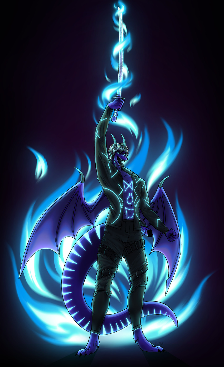 anthro blue_markings bottomwear clothing glowing glowing_markings hair horn katana male markings melee_weapon pants purple_body scabbard solo sword tail weapon white_hair wings filyaah mythology grydir_dacanoor_(griffonki) dragon mythological_creature mythological_scalie scalie absurd_res hi_res
