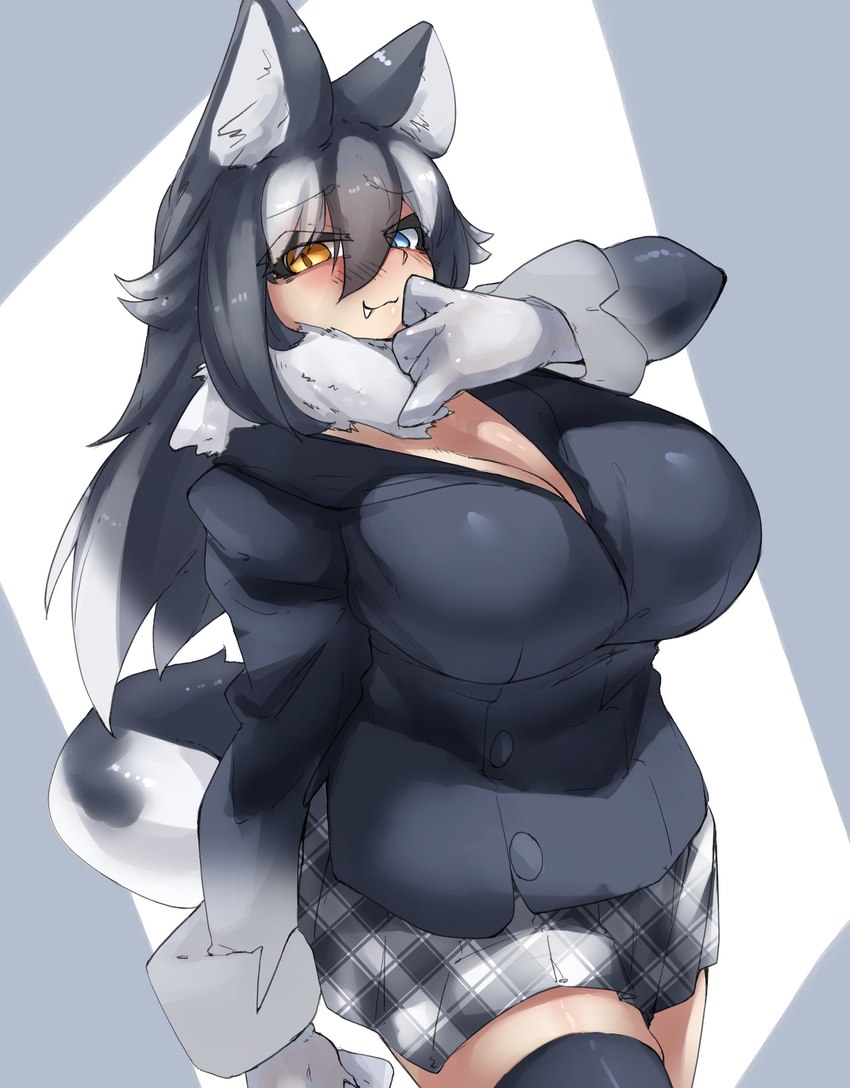 :3 big_breasts black_hair blazer blue_eyes blush bottomwear breasts cleavage clothed clothing fangs female gloves hair handwear heterochromia inner_ear_fluff legwear multicolored_hair skirt solo tail teeth thigh_highs tuft white_hair yellow_eyes urisaba kemono_friends grey_wolf_(kemono_friends) animal_humanoid canid canid_humanoid canine canine_humanoid humanoid mammal mammal_humanoid wolf_humanoid absurd_res hi_res