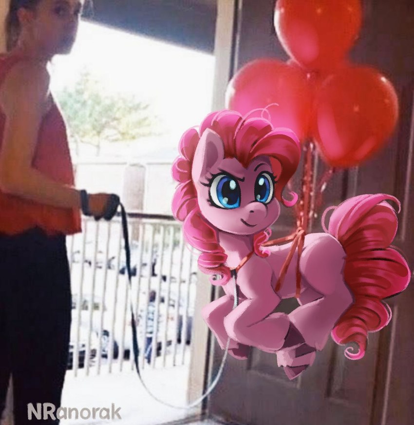 balloon blue_eyes collar door doorway duo eyebrows female feral floating fur hair hooves inflatable leash photo_background pink_body pink_fur pink_hair ponies_in_real_life quadruped raised_eyebrow real anoraknr friendship_is_magic hasbro my_little_pony pinkie_pie_(mlp) equid equine horse human mammal pony photography_(artwork)